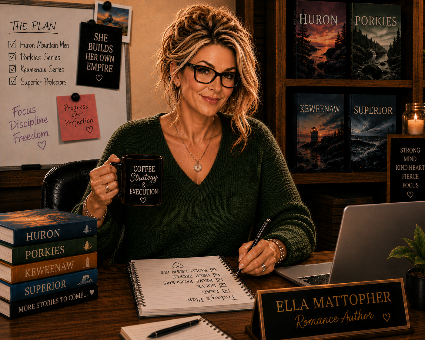 Illustrated portrait of Ella Mattopher at her writing desk